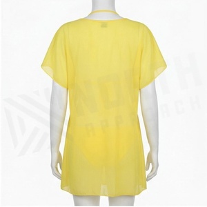 Women Yellow Chiffon Swimdress Deep V Neck Drawstring Hollow Out Regular Fit Solid Color Beachwear - Product Image 2