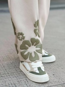 Premium Beige <b>Oversized</b> Wide Leg <b>Jogger</b> Trousers Men Washed Loose Fit Streetwear Pants 3D Floral Applique Elastic Waist - Product Image 3