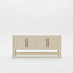 Buffet en bois tressé naturel à 4 portes avec étagère en rotin, meuble de rangement moderne en bois et tissu tressé, pieds ronds - Product Image 1