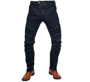 Jean en denim indigo foncé pour homme, coupe slim, taille mi-haute, extensible, avec empiècements côtelés, style motard, décontracté, en coton, pour le quotidien - Product Image 5
