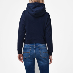 Women <b>Navy</b> Cropped Hooded Sweatshirt Long Sleeve Knitted Cotton Solid Color Autumn Casual Wear - Product Image 2