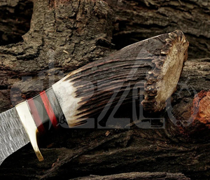Cuchillo de caza OEM Wirecut de acero de Damasco, tipo Skinner, con mango de asta de ciervo, hoja fija, para camping, actividades al aire libre y EDC, con funda de cuero. - Product Image 6