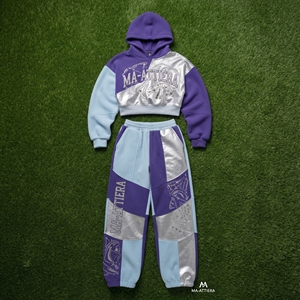 Conjunto de Sudadera con Capucha y Pantalones Anchos con Pedrería en Azul Hielo y Morado Plateado para Mujer, Estilo Urbano Personalizado - Product Image 6