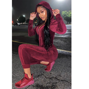 Combinaison en velours pour femme à capuche, manches longues, taille haute, coupe ajustée, couleur unie, tenue décontractée automne style streetwear - Product Image 6