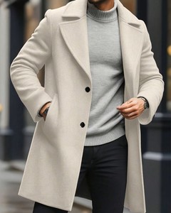 Manteau long en laine pour homme, col à revers, simple boutonnage, coupe ajustée, beige clair, réversible laine/polyester, épais et chaud pour l'hiver - Product Image 1