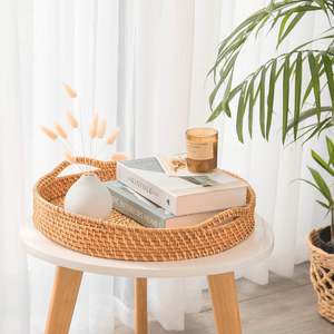 Plateau de service rond en rotin tissé à la main, panier de rangement en rotin naturel, plateaux de rangement pour la maison - Product Image 4