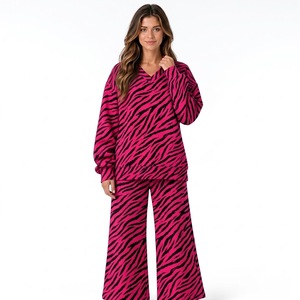 Buy Stylish Hot Pink Zebra Print V Neck Sweatshirt And Casual Wide Leg Trousers <b>Two</b> <b>Piece</b> <b>Lounge</b> <b>Set</b> High Quality - Product Image 1