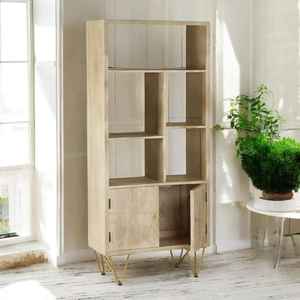 Librería Alta de Madera de Mango SOLI, Estilo Europeo, Ahorra Espacio, Mueble de Almacenamiento con 2 Puertas, Estilo Rústico, para Sala de Estar u Oficina - Product Image 3
