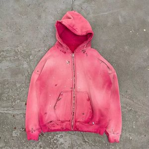 Custom Heavyweight Sun Faded <b>Vintage</b> Wash Zip Up Hoodie <b>Oversized</b> Distressed Paint Splatter Hooded <b>Sweatshirt</b> - Product Image 1