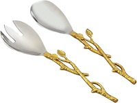 Juego de Cucharas para Ensalada de Lujo, Diseño de Hoja Arrugada, Chapado en Oro, Ecológico, de Metal, con Mango Largo, Acero Inoxidable Espejo, para Bodas