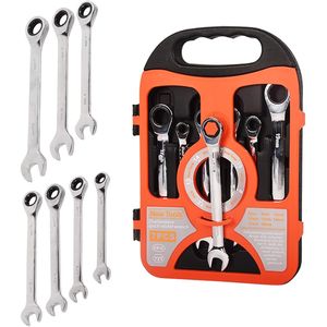 Kit de clés à cliquet 7 pièces 8mm-19mm en acier au chrome-vanadium entièrement poli 72 dents, outil de garage standard pour la maison - Product Image 1