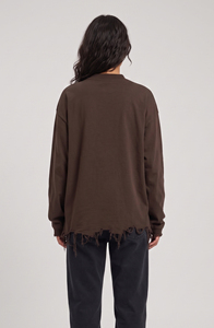 T-shirt à col montant et épaules tombantes pour femme, coupe oversize, ourlet déchiré, 100% coton, haut à manches longues style streetwear pour femme - Product Image 2