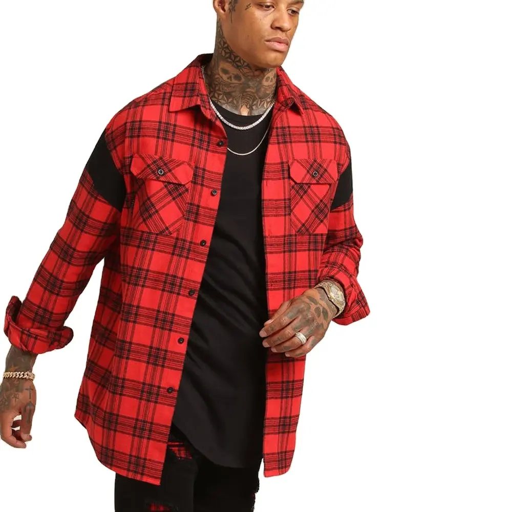 Custom Wear Clothing Casual Breathable Red Green Long Sleeve Pocket Flannel Plaid Check Shirts For Mens