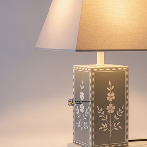 Lampe à incrustations osseuses de couleur neutre |   Lampe de chevet élégante avec abat-jour en tissu - Product Image 4