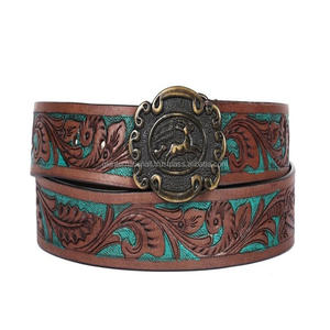 Cinturón de Cuero Genuino Occidental Marrón con Diseño Floral Tradicional Tallado y Pintado a Mano, Unisex, Tamaños Personalizados Disponibles - Product Image 2