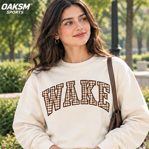 Sudadera de cuello redondo color crema para mujer, con estampado de letras Wake Gingham, personalizable, estilo universitario, corte holgado - Product Image 1