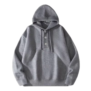 Men's Autumn Winter Knit Sweater Hooded Solid Color Loose Fit Button Pullover 100% Cotton Breathable Quick Dry Anti-Pilling - Product Image 1
