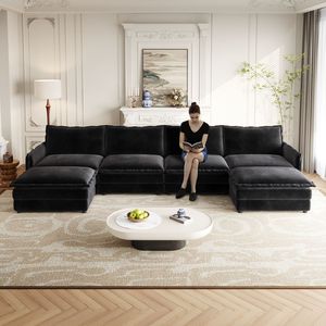 Divano a U in Tessuto Corduroy a 4 Posti, Set Comodo con Seduta Profonda, 2 Poggiapiedi Mobili, Divano Cloud Confortevole per Soggiorno - Product Image 1