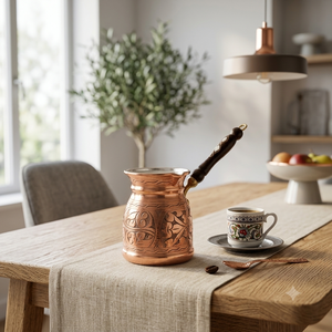 Cafetera turca de cobre de lujo con grabado floral, Cezve, con mango de madera con incrustaciones de nácar, para estufa, Briki griega - Product Image 5