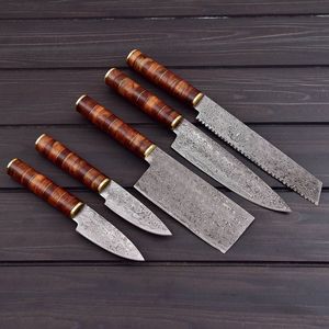 Custom Damascus Kitchen <b>Knife</b> <b>Set</b> 5PCS Chef <b>Knife</b> Collection Handmade High Carbon Steel Wooden Handle Wholesale & OEM Supply - Product Image 2