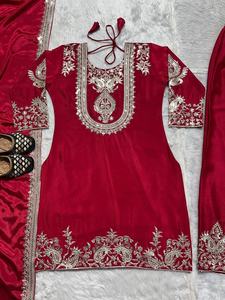 Colección Pakistaní India, Conjunto de 3 Piezas Listo para Usar, Salwar Kameez de Seda Chinnon con Bordado Intenso, Tradicional, de Secado Rápido, Elegante para Fiestas - Product Image 5