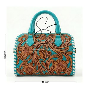 Turquoise Accent Real Leather Mini Duffle Bag Tooled Leather Western Cowgirl Purse 2026 Trendy Medium Cowhide Embossed Speedy - Product Image 3