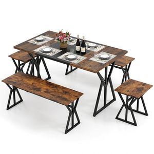 Set da Pranzo Industriale 5 Pezzi con Tavolo Rettangolare, 2 Panche e 2 Sgabelli - Design Convertibile Salvaspazio - Product Image 4