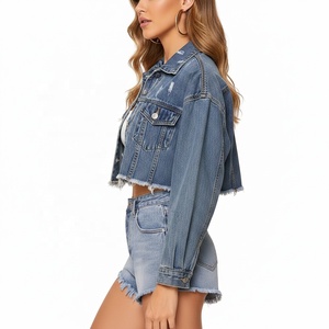 Custom Logo Cropped Denim <b>Jacket</b> <b>Women</b> Raw Hem Distressed Vintage Blue Wash <b>Crop</b> <b>Jean</b> <b>Jacket</b> Wholesale Streetwear - Product Image 2