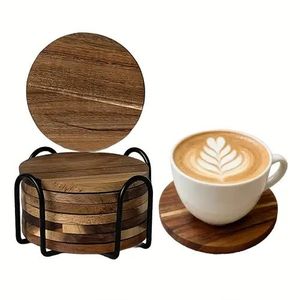Fine Crafted Wooden Coasters Round Set Heat Resistant Drink Holder for Coffee Tea Mug Glass Non Slip <b>Table</b> <b>Protection</b> Use Hotel - Product Image 4
