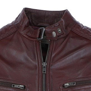 Chaqueta de Motociclista de Cuero Genuino Color Borgoña para Hombre, Cuello Alto, Cierre de Cremallera, Manga Regular, Estilo Otoñal - Product Image 4