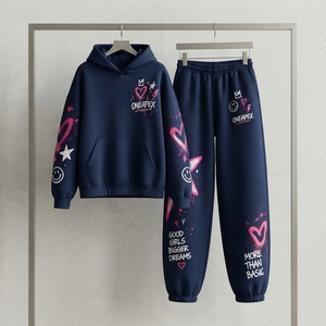 Women's Navy Blue Graphic Hoodie <b>Tracksuit</b> <b>Set</b> <b>Pink</b> Heart Star Print Wide Leg Pants Streetwear Two Piece Outfit - Product Image 3