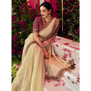 Designer Silk Party Wear <b>Saree</b> with Embroidery Work and Lace Border - Product Image 6