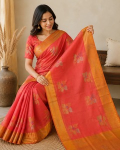 Sari en soie pure tissé à la main, motif floral rouge corail, bordure dorée Zari, sari traditionnel indien pour les fêtes et les occasions spéciales - Product Image 3