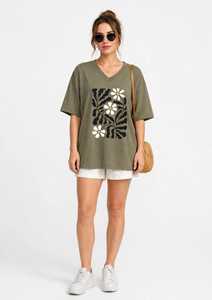 เสื้อยืดผู้หญิงฤดูร้อน สีกรมท่า ผ้าฝ้ายนุ่ม สวมใส่สบาย แขนสั้น ระบายอากาศได้ดี คุณภาพสูง ปรับแต่งได้ คอวี ไหล่ตก ลายดอกไม้ - Product Image 1