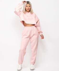 Women Pink Hooded Cropped Sweatshirt <b>Tracksuit</b> Set Full Sleeve Solid Color Casual Joggers Side Pockets Elastic Waist - Product Image 6
