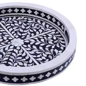 Black & White Bone Inlay <b>Round</b> <b>Tray</b> | Handmade Floral Inlay Decorative <b>Tray</b> | Art Deco Luxury Home Decor | PERFECT ENTERPRISES - Product Image 2
