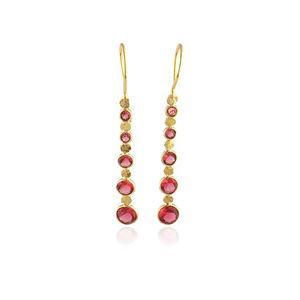 Boucles d'oreilles pendantes pour femme, tendance, en laiton plaqué or, avec pierre précieuse ronde en quartz rubis, serties en clos linéaire, cadeau de mariage, bijoux - Product Image 1