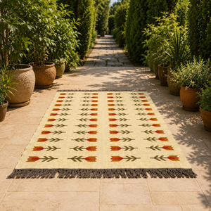 Tapis Kilim Bohème Floral en Laine Tufté à la Main, Écologique, Rectangulaire, pour Salon, Poil Moyen, Dos en Latex, Nettoyage Localisé - Product Image 2
