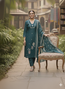 Elegante Conjunto Kurti de Algodón Puro Morphich con Dupatta de Algodón Mul con Estampado a Mano y Trabajo de Espejos Reales - Product Image 2