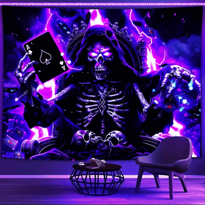 Tapisserie Murale en Polyester Luminescente au Néon Effet UV, Motif Crâne Roi du Poker, Facile à Accrocher, Décoration Murale avec Design Squelette Gaming - Product Image 5