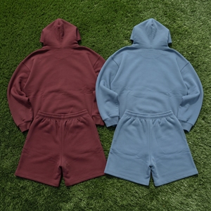 Custom Men's Vintage Two Piece Winter <b>Polyester</b>/Cotton Fleece Breathable Sweatsuit Track <b>Short</b> Set Puff Printing Hoodie <b>Shorts</b> - Product Image 2