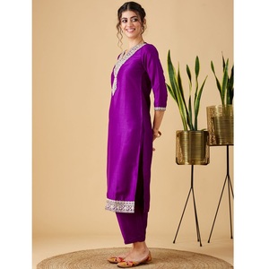 Women's Premium Purple Chinon Viscose Embroidery Kurti with Chinon Pant And jacquard print <b>Blend</b> Dupatta Sets - Product Image 1