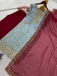 Ensemble Kurti bleu clair brodé, pantalon palazzo bordeaux et dupatta, tenue de fête indienne - Product Image 4