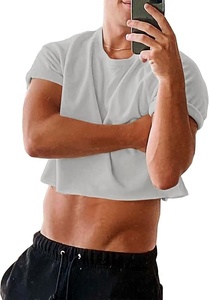 T-shirt court pour homme, manches courtes, col rond, couleur unie, décontracté, tricoté, coupe ajustée, respirant, 100% coton, gris - Product Image 3