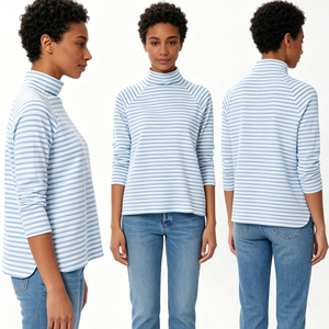 Women's Light Blue White Striped Turtleneck Top Three Quarter Sleeve Knitted Casual Spring Wear Casual Pullover Top - Product Image 5