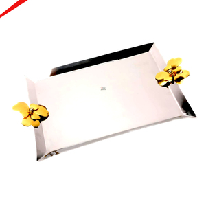 Classic Quality Stainless Steel Tray With Gold Floral Handle <b>Table</b> <b>Top</b> Food Serving Tray Coffee <b>Table</b> Tray For Hotel - Product Image 1