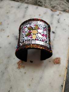 Conifer Hand Embroidered Hinged Cuff Bracelet <b>Mirror</b> Work Beads Cowrie Shell Boho Ethnic Statement Fashion Jewelry India Women - Product Image 5