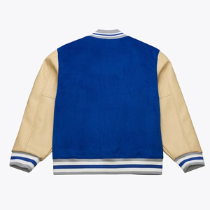 Chaqueta Varsity Azul y Beige para Hombre con Puños y Dobladillo a Rayas, Estilo Preppy, Corte Regular, Exterior de Poliéster y Algodón, Cierre de Cremallera - Product Image 3