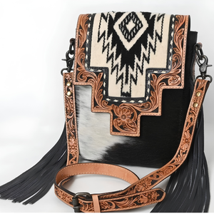 Sac messager en cuir de vachette fait main avec tapis de selle, motif floral en cuir ciselé à la main, style western avec franges, sac bandoulière pour femme - Product Image 1