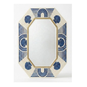 Espejo Ovalado con Incrustaciones de Hueso, Bellamente Elaborado con Base Blanca Marfil y Patrón de Incrustaciones de Concha de Vieira Azul Intenso para Sala de Estar o Pasillo - Product Image 2